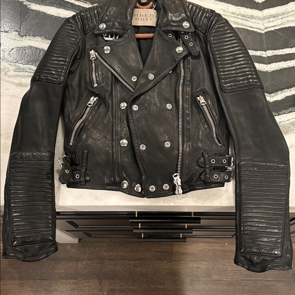 NWOT Burberry Black Leather Moto Jacket, Size 4